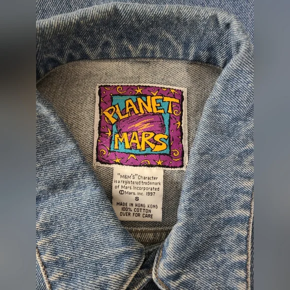 Vintage 1990's Planet Mars M&M's Long Sleeve Blue Denim Jean Jacket Size S Retro - Picture 8 of 9